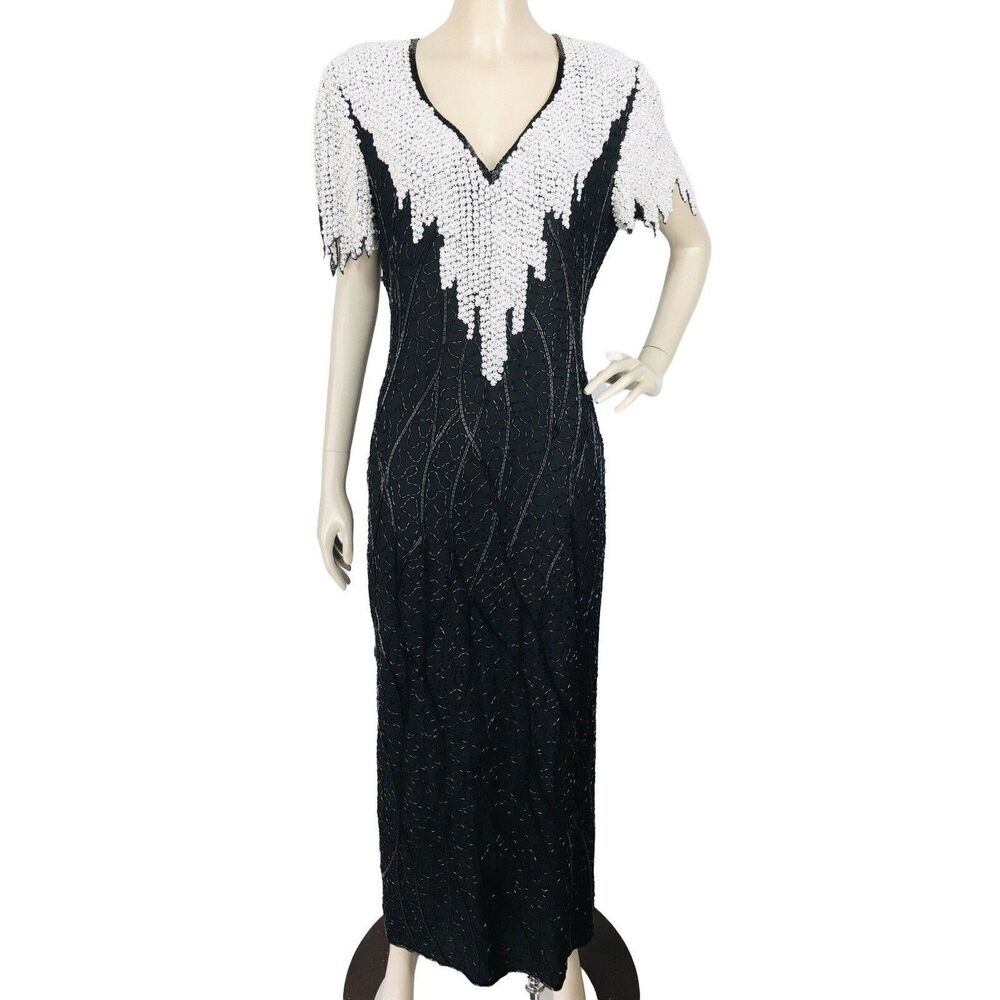 Vintage Scala 100% Silk Full Length Fully Beaded Formal Party Dress Size M/L